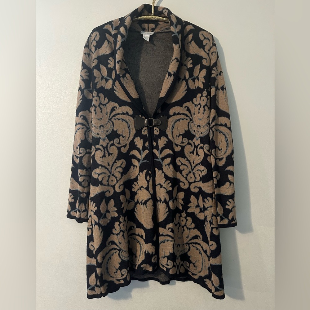 Soft Surroundings Navy Blue Tan Floral Long Cardigan Sweater Wool Blend Large